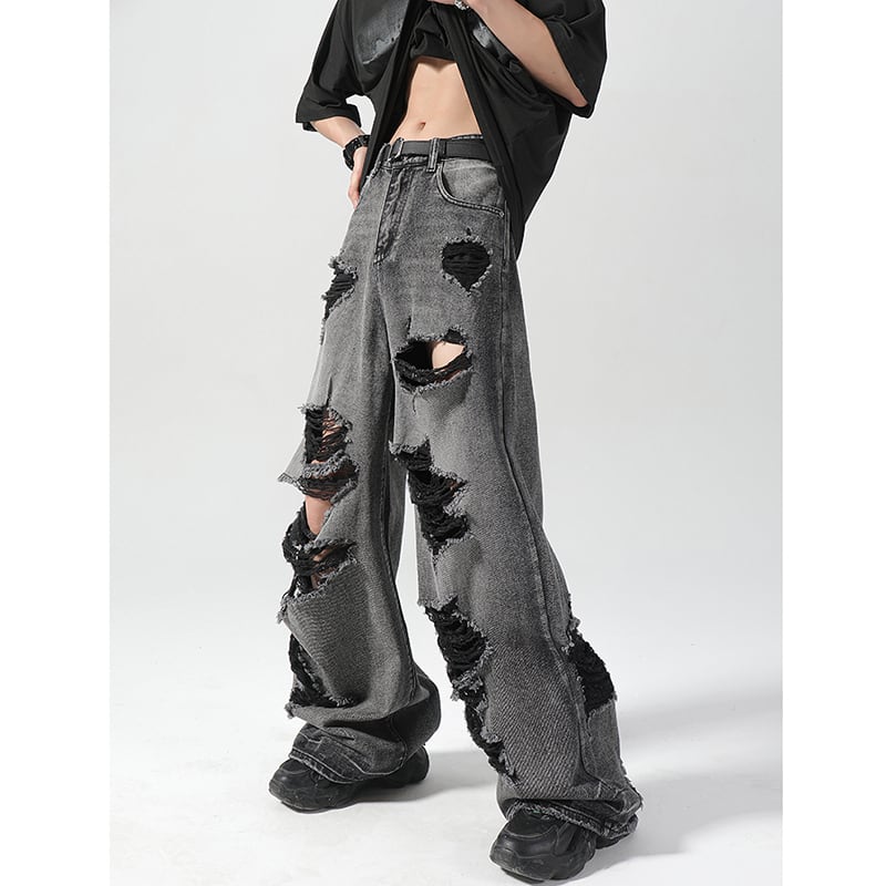 【GZXXシリーズ】デニムパンツ レディース メンズ ボトムス ダメージ加工 黒灰色 おしゃれ
