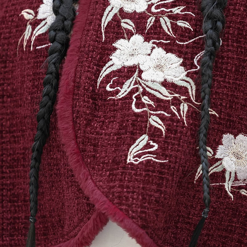 【塵煙雲夢---茶花曲シリーズ】チャイナ風 刺繍マント 中華服 プリント 可愛い ショート丈 レッド