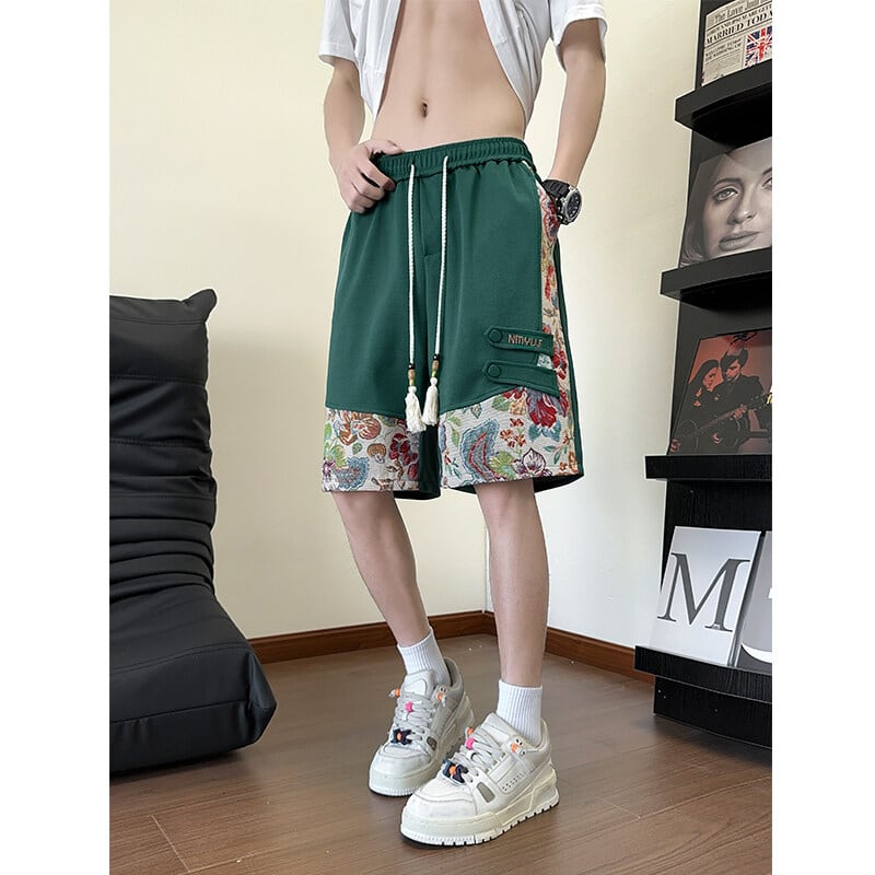 【ZHEYUANシリーズ】チャイナ風ズボン 3色 ボトムス ショートパンツ 男女兼用 大きいサイズ 花柄 切り替え