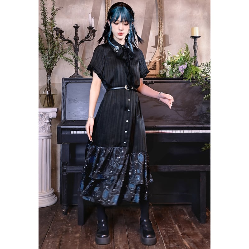 【古怪舍---藍眼淚シリーズ】チャイナ風半袖ワンピース 漢服 切り替えデザイン ブラック