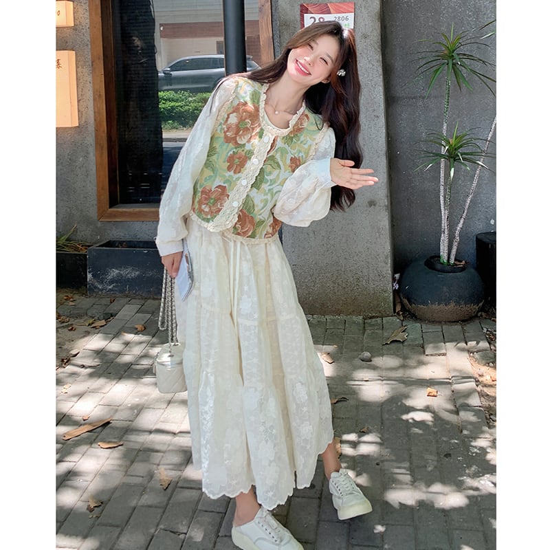 【MOBAIシリーズ】チャイナ風ワンピース 2点セット ワンピース&ベスト 花柄 レディース デート用 可愛い