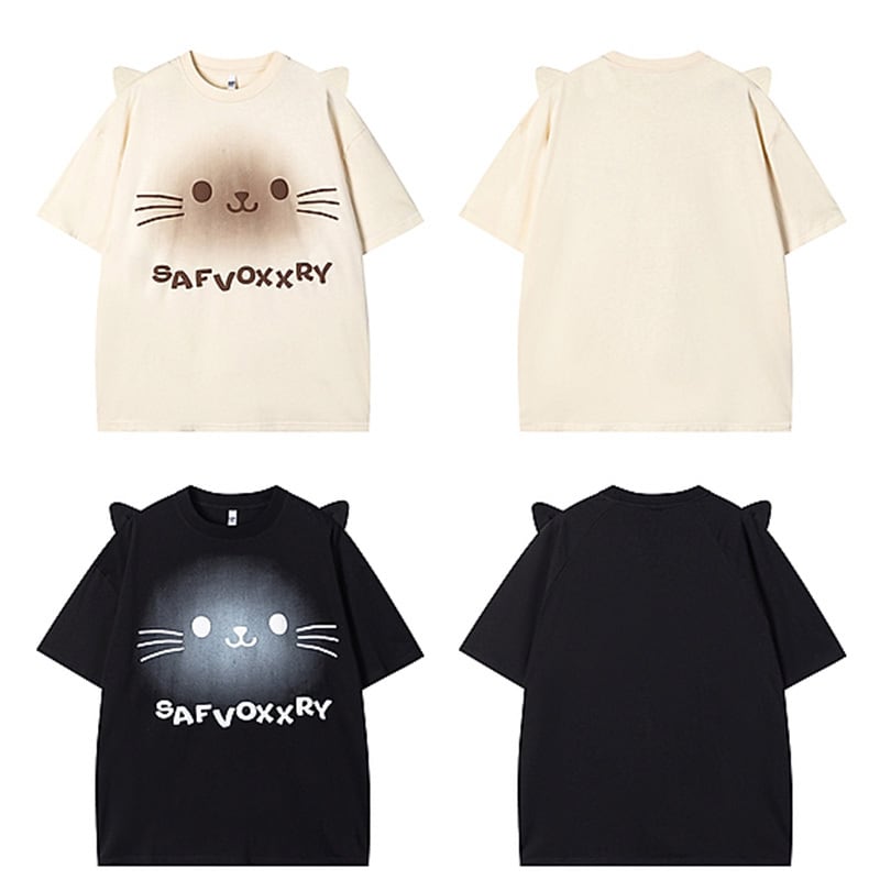 【逃離地球シリーズ】猫耳デザイン 半袖 Tシャツ 2色展開 レディース トップス 可愛い ねこ柄