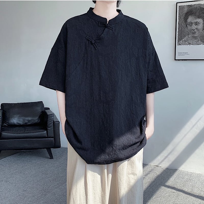 【TIANYIシリーズ】チャイナ風トップス 半袖シャツ 男女兼用 大きいサイズ 3色展開 緑 黒 白