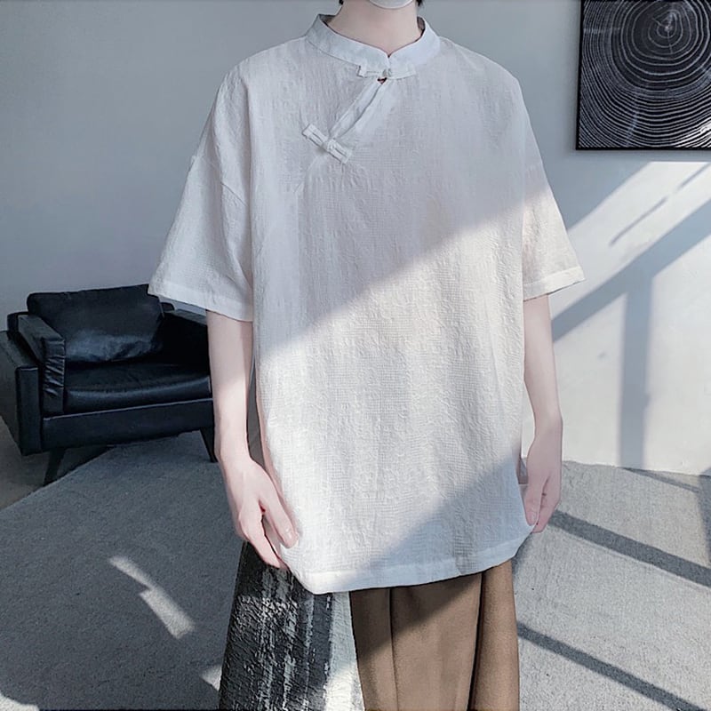 【TIANYIシリーズ】チャイナ風トップス 半袖シャツ 男女兼用 大きいサイズ 3色展開 緑 黒 白