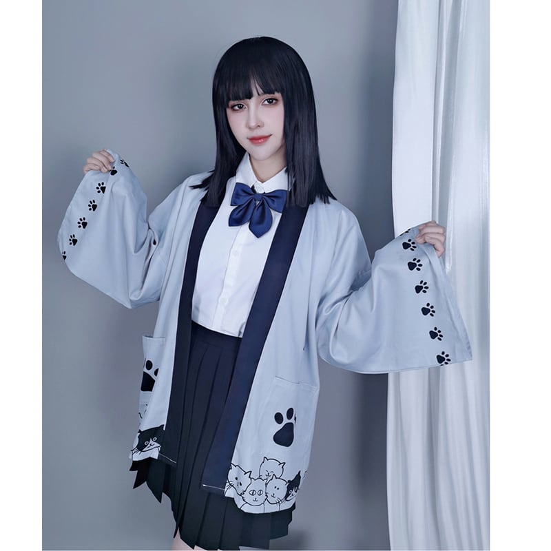 【倉寶兒屋シリーズ】チャイナ風法被 猫柄プリント 夏服 薄手 ブラック ライトグレー 2色