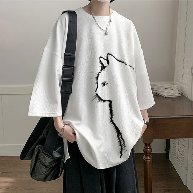 【CEXUシリーズ】3色展開 七分袖 Tシャツ 男女兼用 大きいサイズ 猫柄 黒 白 青