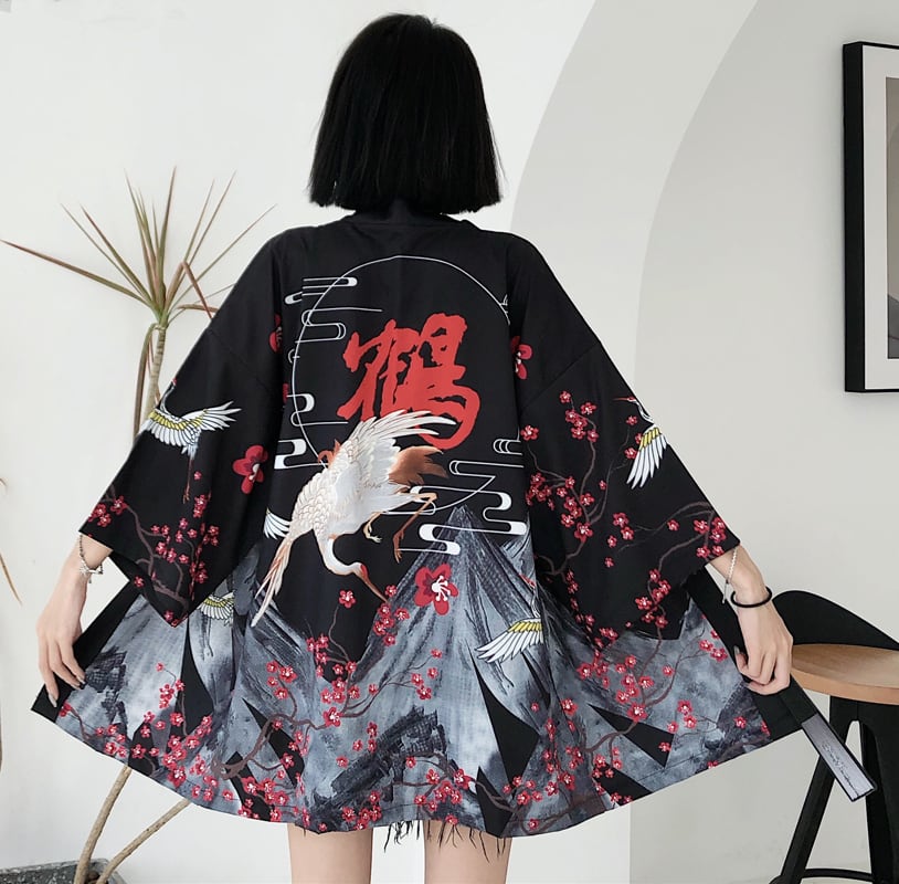 【潮我看シリーズ】ゆったり 鶴模様 法被 コットン 2色展開 原宿風 メンズ レディース カップル服 可愛い