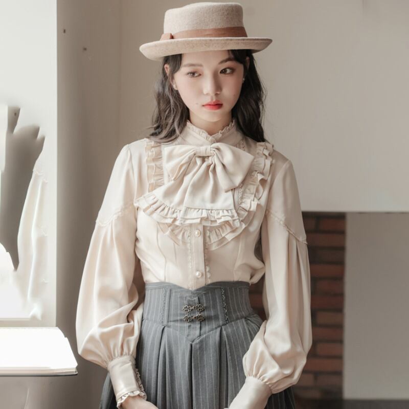 【南陌森シリーズ】リボン付き長袖シャツ トップス 可愛い 気質アップ アプリコット S M L XL