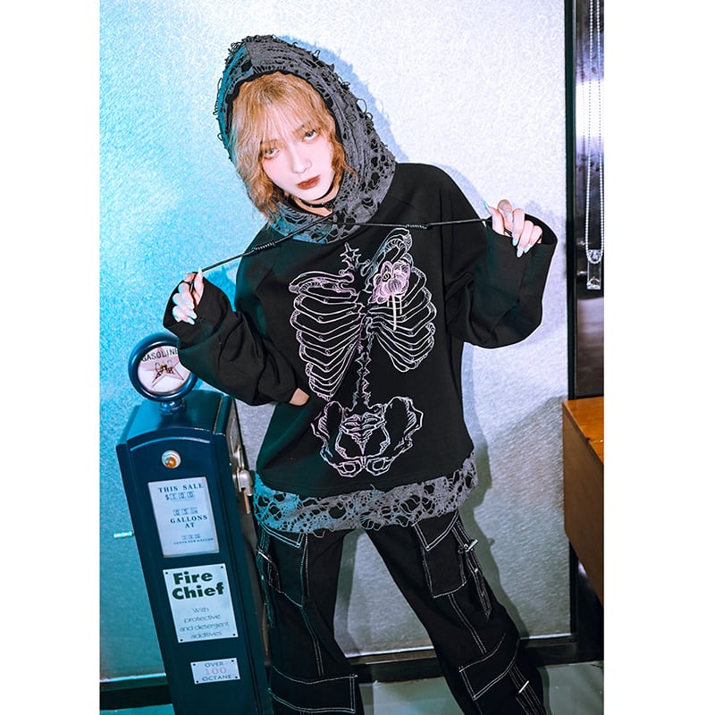 【古怪舍---花骨シリーズ】チャイナ風トップス パーカー 個性的 レトロ 切り替え 髑髏 おしゃれ メンズ レディース