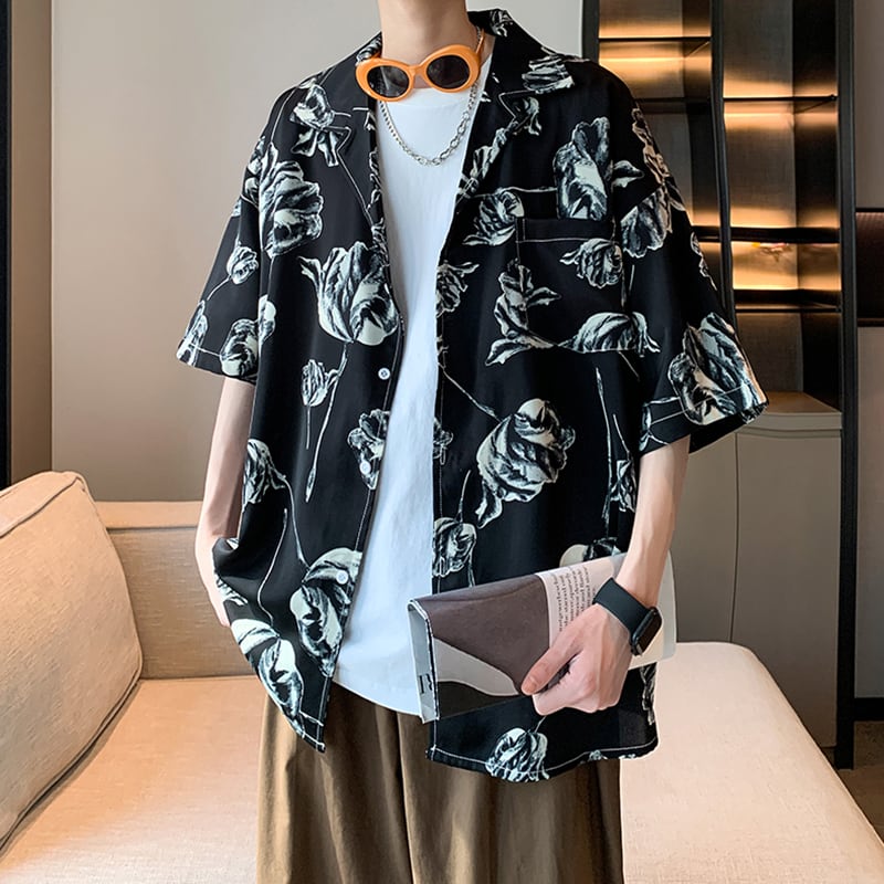【ZHUIYIシリーズ】チャイナ風トップス 男女兼用 半袖シャツ 大きいサイズ 花柄 シャツ 2色展開 黒 白