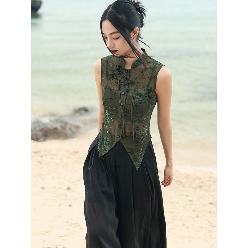 【大青龍肆シリーズ】チャイナ風トップス Tシャツ ショート丈 ノースリーブ グリーン 気質アップ 不規則デザイン