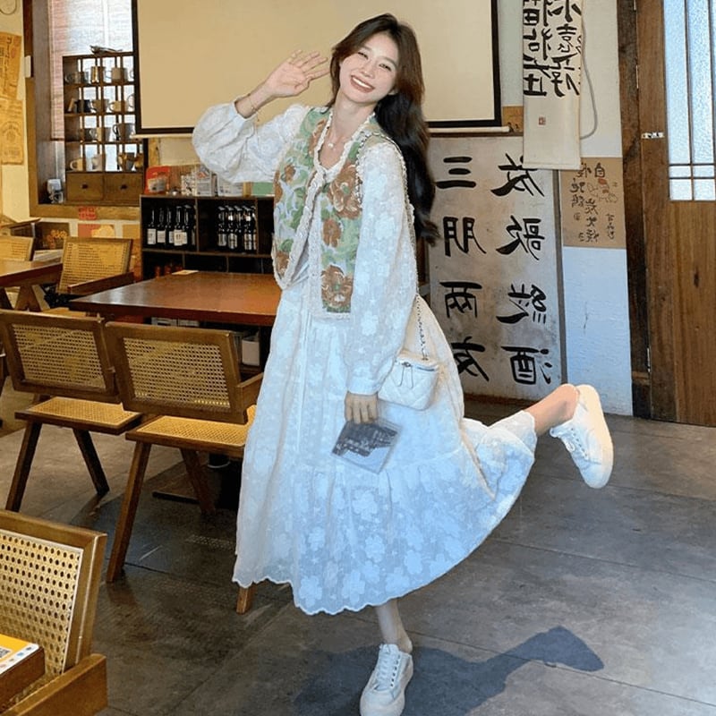 【MOBAIシリーズ】チャイナ風ワンピース 2点セット ワンピース&ベスト 花柄 レディース デート用 可愛い