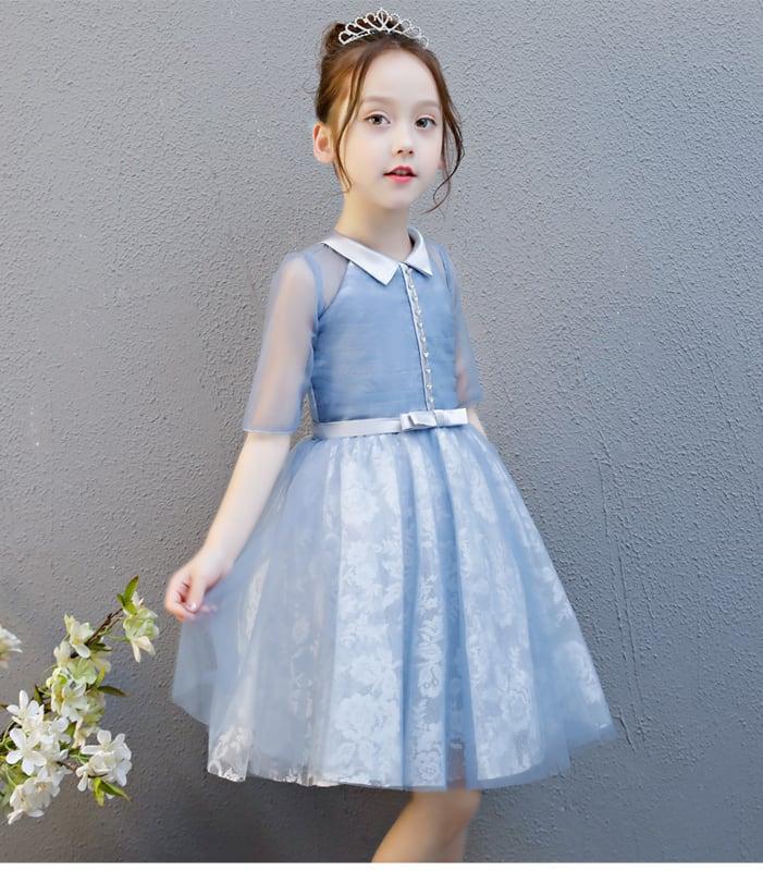 子どもドレス 子供ドレス キッズドレス 子供服装 演出装 舞台装 女の子 ワンピース 折り襟 五分袖 100 110 120 130 140 150 160 プレゼント 誕生日 ブルー ピンク レッド - ChinChic