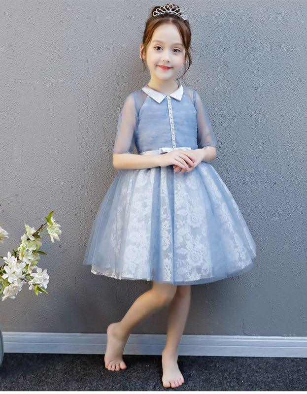 子どもドレス 子供ドレス キッズドレス 子供服装 演出装 舞台装 女の子 ワンピース 折り襟 五分袖 100 110 120 130 140 150 160 プレゼント 誕生日 ブルー ピンク レッド - ChinChic