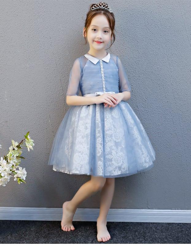 子どもドレス 子供ドレス キッズドレス 子供服装 演出装 舞台装 女の子 ワンピース 折り襟 五分袖 100 110 120 130 140 150 160 プレゼント 誕生日 ブルー ピンク レッド - ChinChic