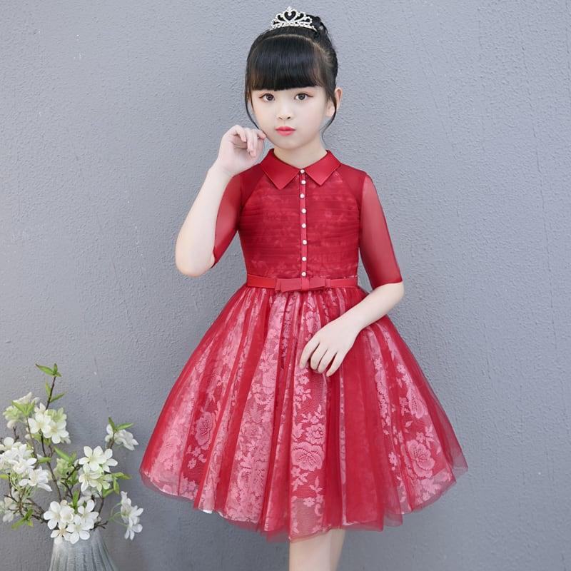 子どもドレス 子供ドレス キッズドレス 子供服装 演出装 舞台装 女の子 ワンピース 折り襟 五分袖 100 110 120 130 140 150 160 プレゼント 誕生日 ブルー ピンク レッド - ChinChic