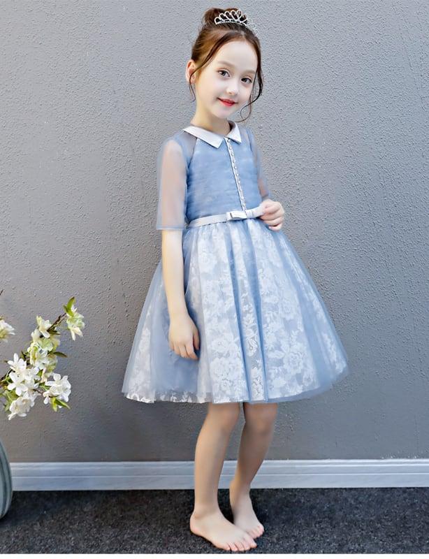 子どもドレス 子供ドレス キッズドレス 子供服装 演出装 舞台装 女の子 ワンピース 折り襟 五分袖 100 110 120 130 140 150 160 プレゼント 誕生日 ブルー ピンク レッド - ChinChic