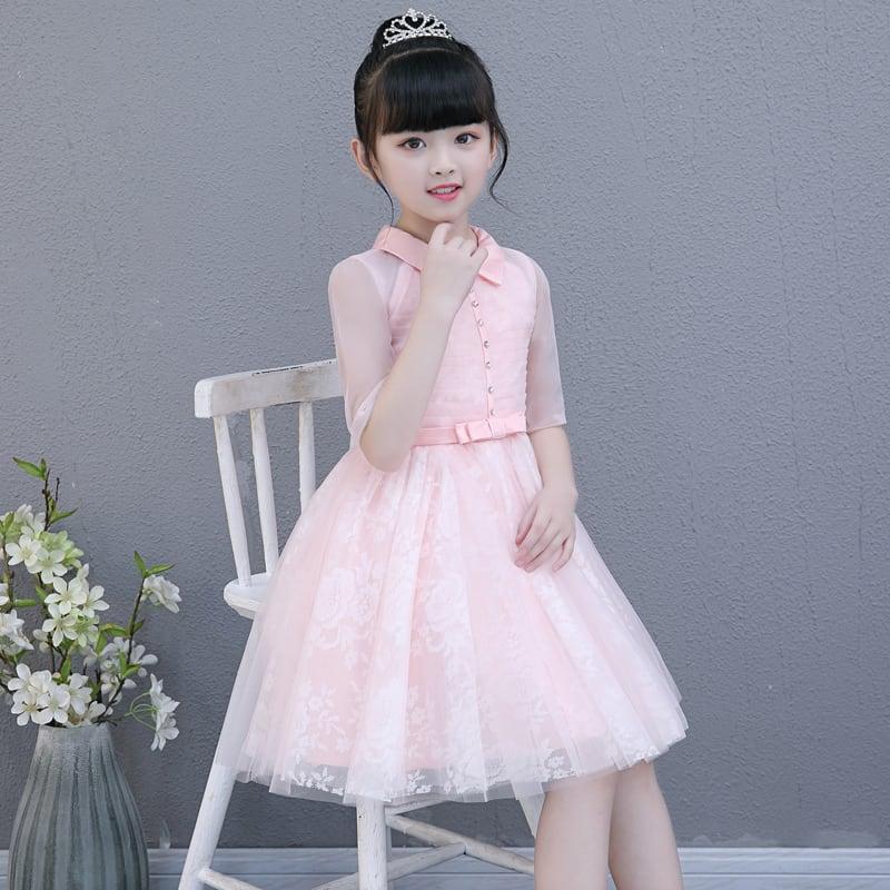 子どもドレス 子供ドレス キッズドレス 子供服装 演出装 舞台装 女の子 ワンピース 折り襟 五分袖 100 110 120 130 140 150 160 プレゼント 誕生日 ブルー ピンク レッド - ChinChic