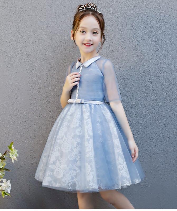 子どもドレス 子供ドレス キッズドレス 子供服装 演出装 舞台装 女の子 ワンピース 折り襟 五分袖 100 110 120 130 140 150 160 プレゼント 誕生日 ブルー ピンク レッド - ChinChic