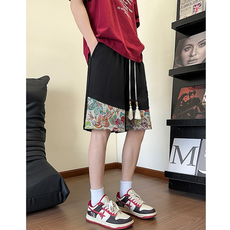 【ZHEYUANシリーズ】チャイナ風ズボン 3色 ボトムス ショートパンツ 男女兼用 大きいサイズ 花柄 切り替え