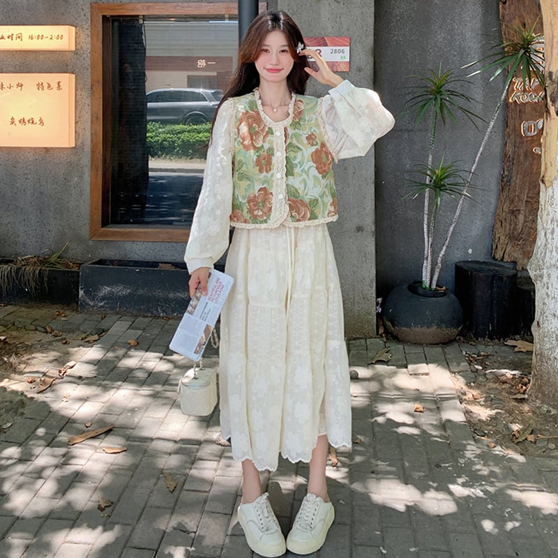 【MOBAIシリーズ】チャイナ風ワンピース 2点セット ワンピース&ベスト 花柄 レディース デート用 可愛い