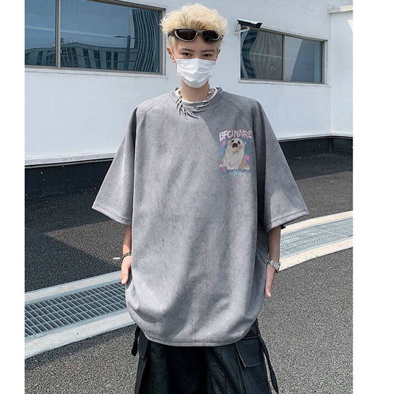 【KADISHOUシリーズ】カートゥーン 幽霊 スエード Tシャツ 男女兼用 大きいサイズ 4色 トップス