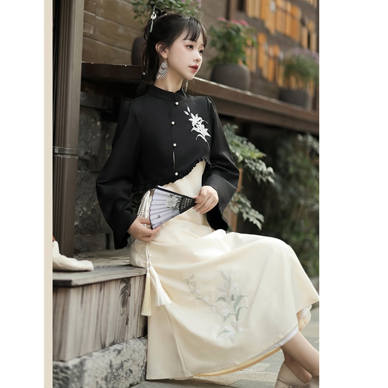 【漢如初---風鈴百合シリーズ】チャイナ風セットアップ 2点セット トップス つりワンピース 中華服 漢服 ワンピース