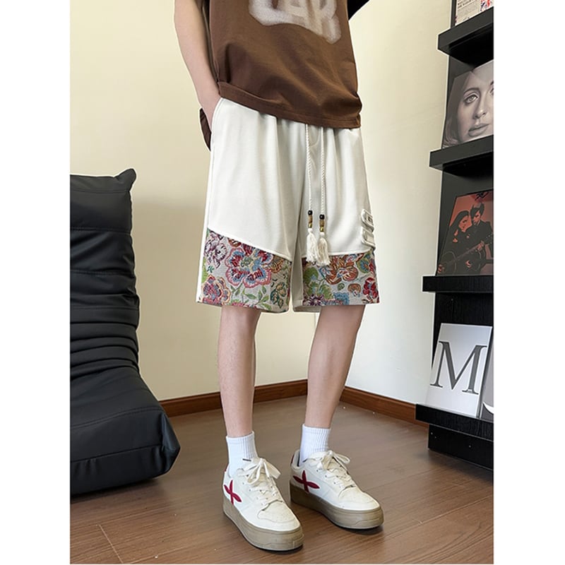 【ZHEYUANシリーズ】チャイナ風ズボン 3色 ボトムス ショートパンツ 男女兼用 大きいサイズ 花柄 切り替え