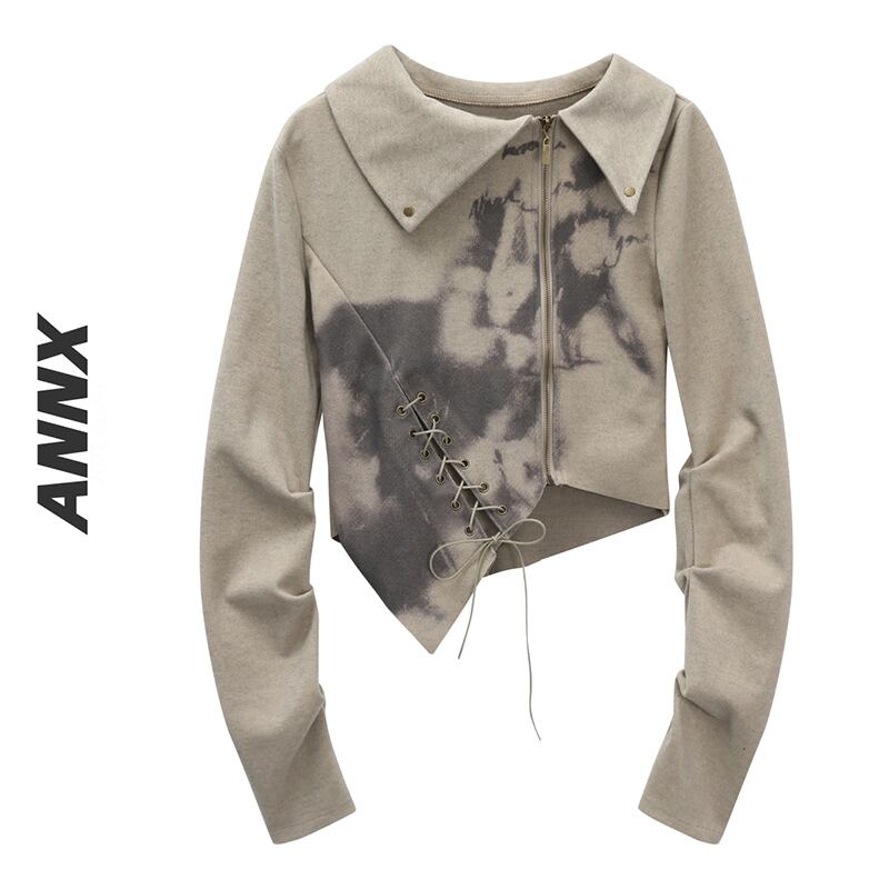 【ANNXSTUDIOシリーズ】デザイン性有り ショート丈 厚手 レトロ トップス S M