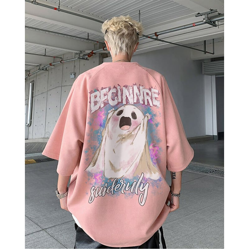 【KADISHOUシリーズ】カートゥーン 幽霊 スエード Tシャツ 男女兼用 大きいサイズ 4色 トップス