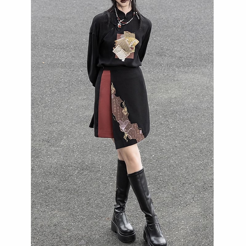 【雲鬢斜簪シリーズ】★チャイナ風トップス★ 中華服 漢字柄 プリント オリジナル 合わせやすい