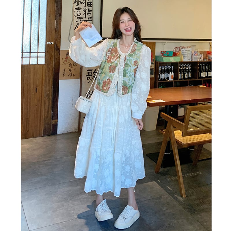【MOBAIシリーズ】チャイナ風ワンピース 2点セット ワンピース&ベスト 花柄 レディース デート用 可愛い