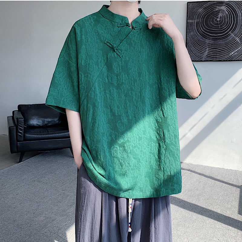 【TIANYIシリーズ】チャイナ風トップス 半袖シャツ 男女兼用 大きいサイズ 3色展開 緑 黒 白