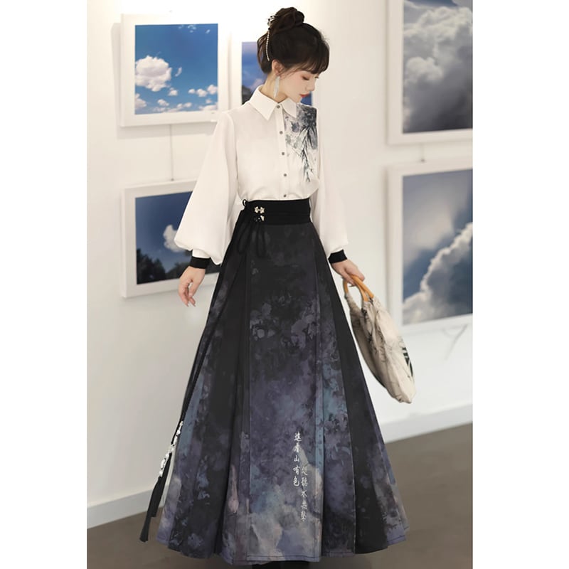 【塵煙雲夢---畫影シリーズ】チャイナ風 スカート 中華服 水墨柄 ロング丈 可愛い 漢服スカート