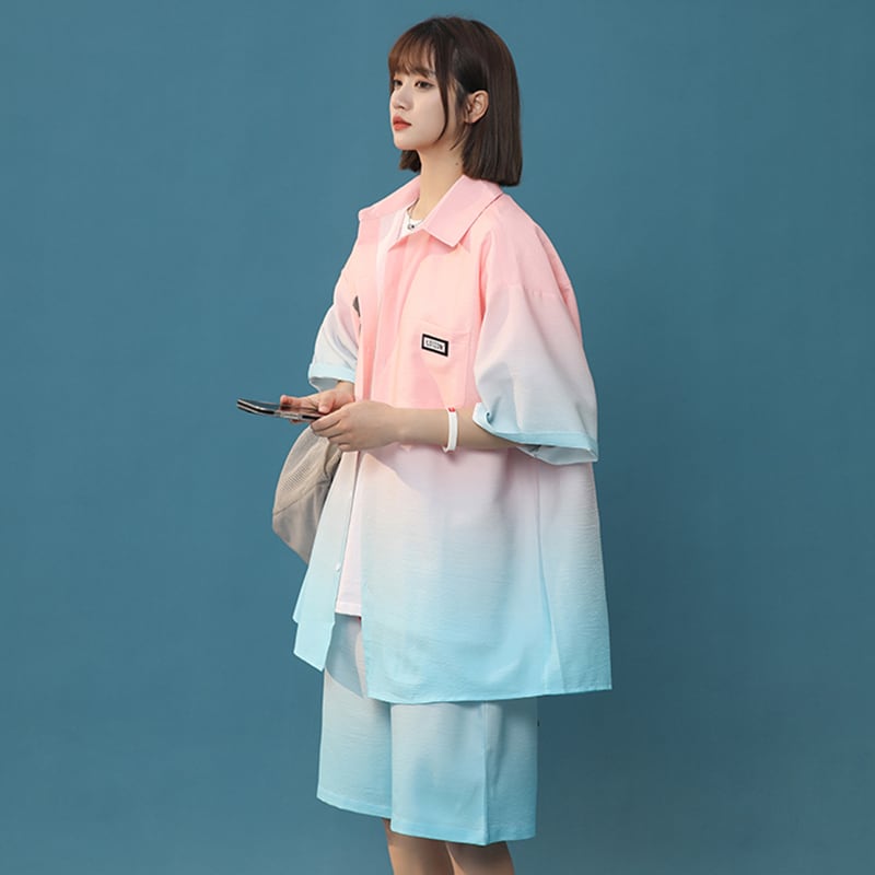 【藤伊曼シリーズ】4色 セットアップ 半袖シャツ + 短パン 男女兼用 大きいサイズ グラデーション
