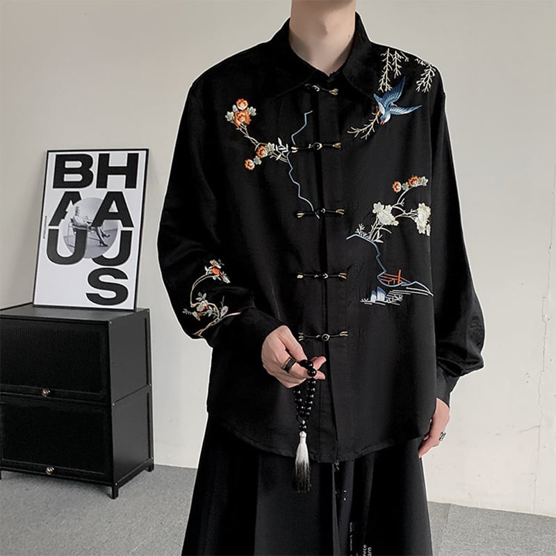 【入画シリーズ】★チャイナ風トップス★ シャツ 長袖シャツ 刺繍 花柄 鳥 男女兼用 メンズ 大きいサイズ ブラック 黒い