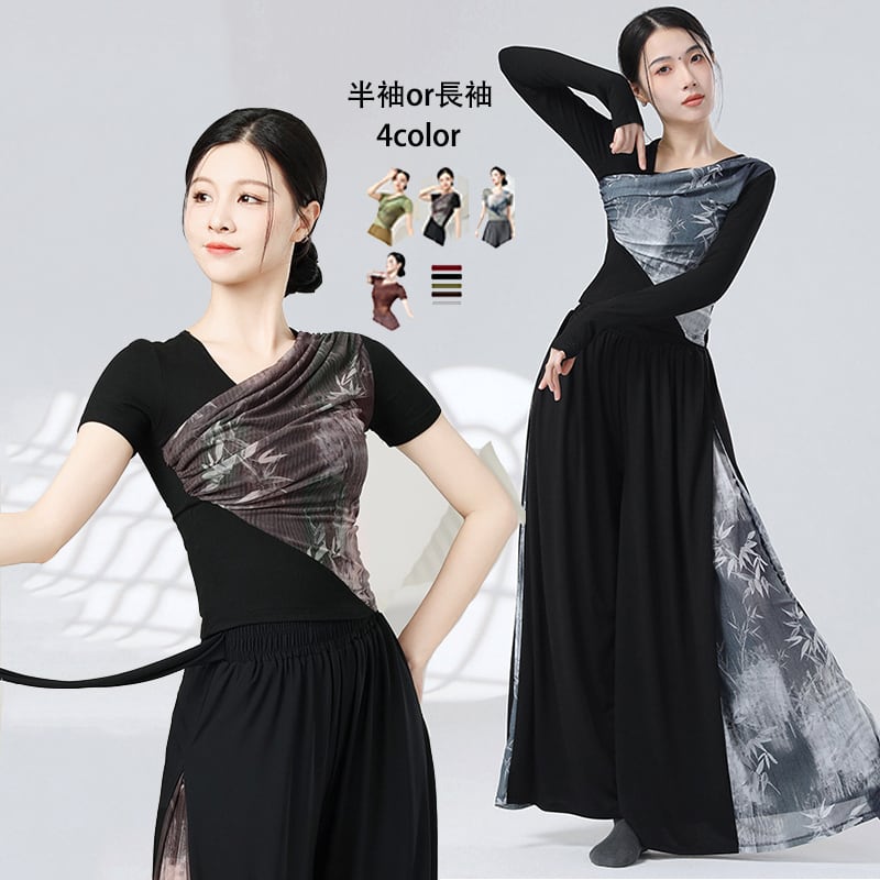 【KEFENシリーズ】チャイナ風トップス 4色 半袖 長袖 Tシャツ 中華服 竹 可愛い スリム 黒 灰 緑