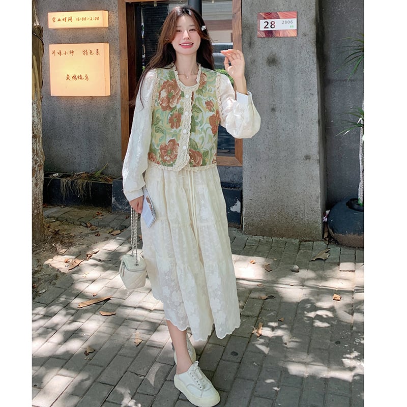 【MOBAIシリーズ】チャイナ風ワンピース 2点セット ワンピース&ベスト 花柄 レディース デート用 可愛い