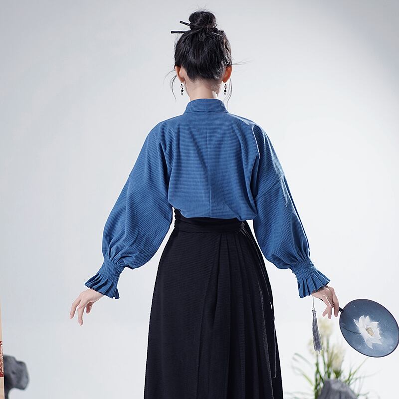 【WUJIAシリーズ】チャイナ風シャツ 長袖 トップス 気質アップ ブルー 青 合わせやすい S M L XL
