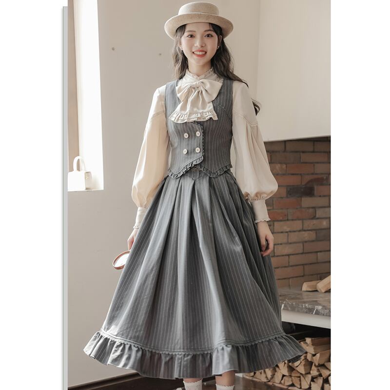 【南陌森シリーズ】リボン付き長袖シャツ トップス 可愛い 気質アップ アプリコット S M L XL