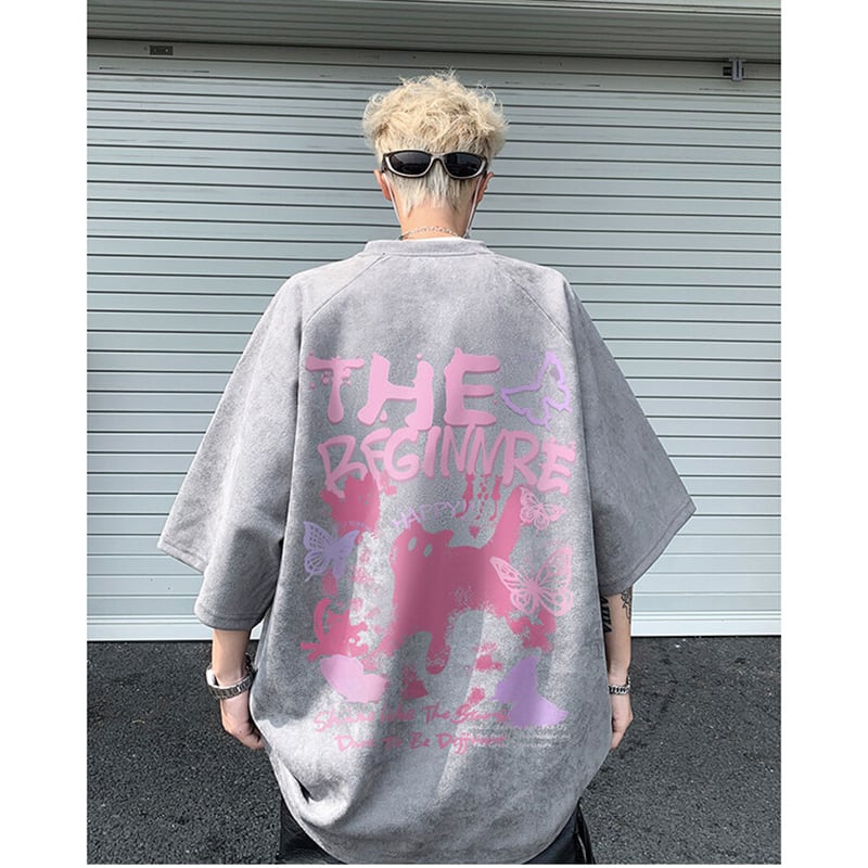 【CEXUリーズ】Tシャツ 半袖 男女兼用 大きいサイズ スエード 猫柄 4色展開 ブラック グレー