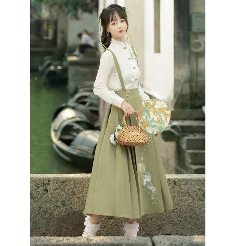 【楓竹---綠意シリーズ】★チャイナ風セットアップ★ 2点セット シャツ+つりスカート 中華服 デート 通勤 - ChinChic