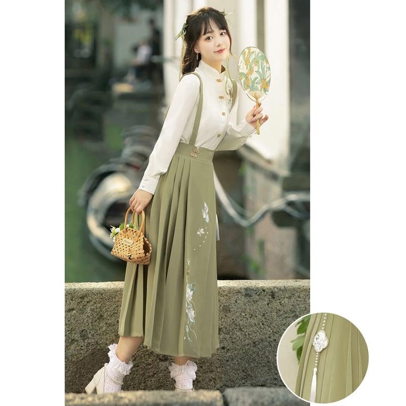 【楓竹---綠意シリーズ】★チャイナ風セットアップ★ 2点セット シャツ+つりスカート 中華服 デート 通勤 - ChinChic
