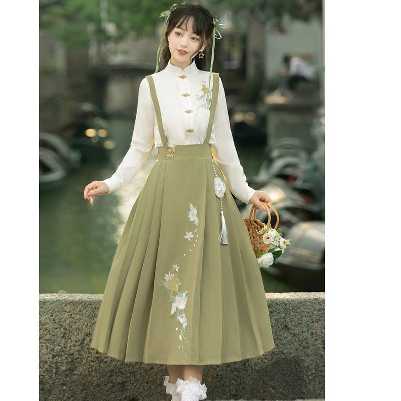 【楓竹---綠意シリーズ】★チャイナ風セットアップ★ 2点セット シャツ+つりスカート 中華服 デート 通勤 - ChinChic
