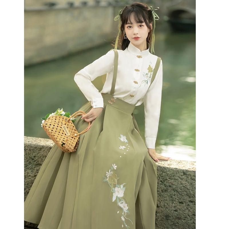 【楓竹---綠意シリーズ】★チャイナ風セットアップ★ 2点セット シャツ+つりスカート 中華服 デート 通勤 - ChinChic