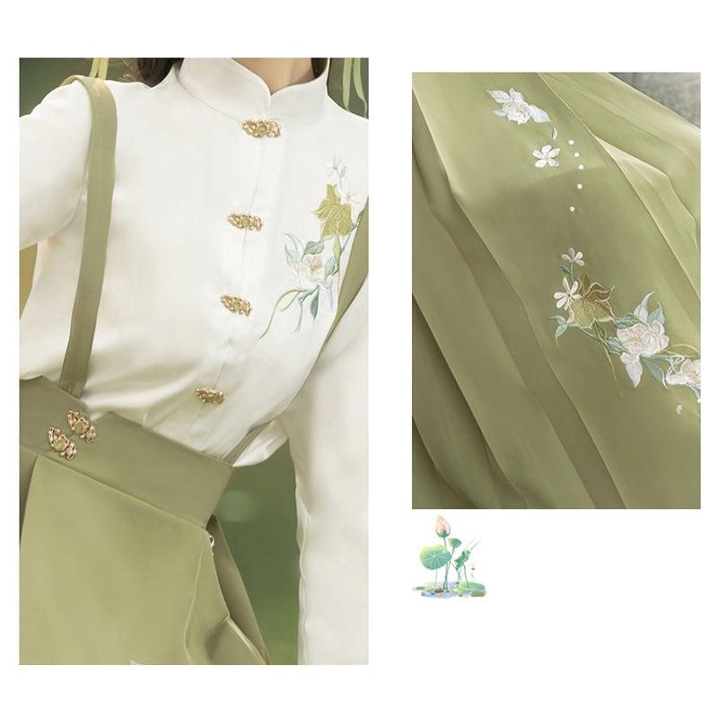 【楓竹---綠意シリーズ】★チャイナ風セットアップ★ 2点セット シャツ+つりスカート 中華服 デート 通勤 - ChinChic