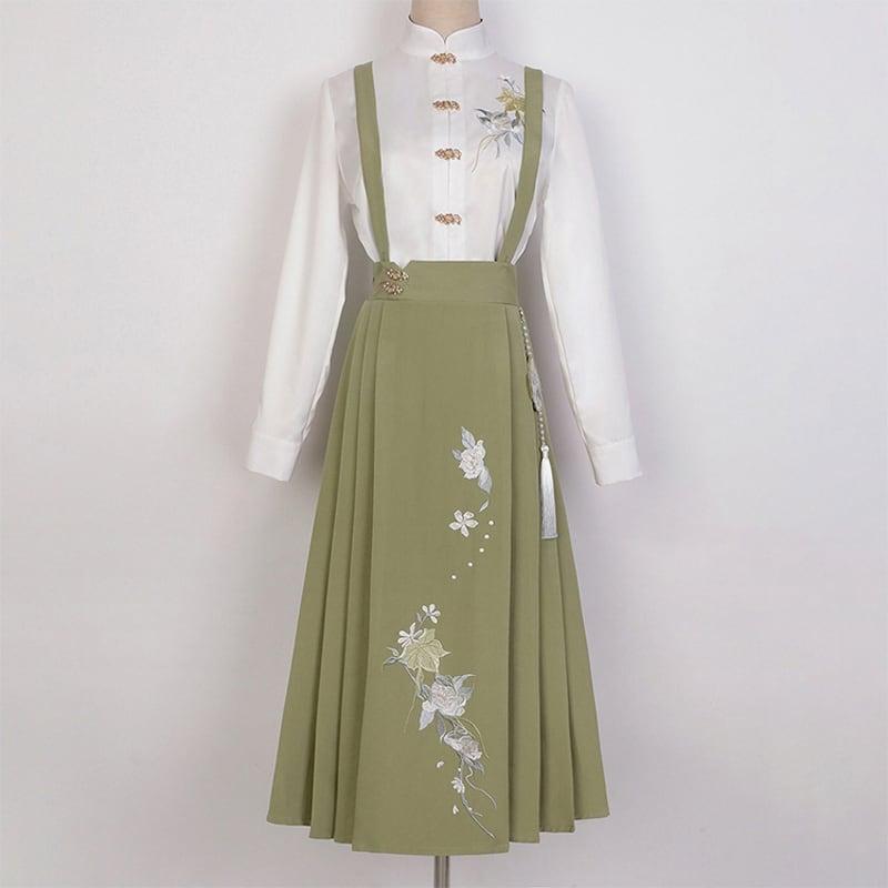 【楓竹---綠意シリーズ】★チャイナ風セットアップ★ 2点セット シャツ+つりスカート 中華服 デート 通勤 - ChinChic