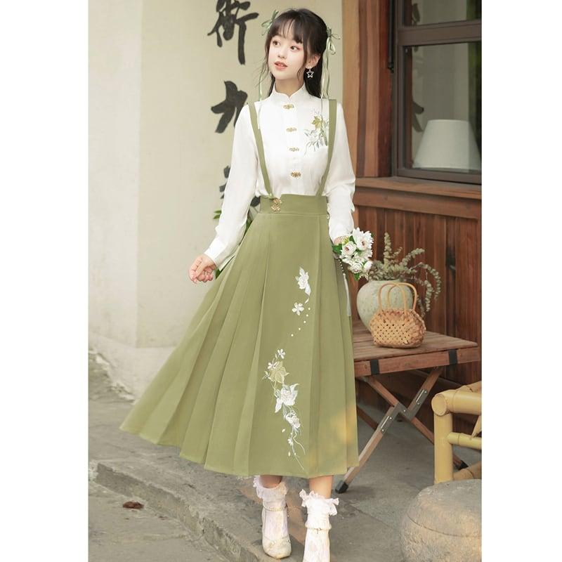 【楓竹---綠意シリーズ】★チャイナ風セットアップ★ 2点セット シャツ+つりスカート 中華服 デート 通勤 - ChinChic