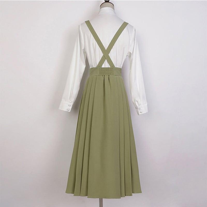 【楓竹---綠意シリーズ】★チャイナ風セットアップ★ 2点セット シャツ+つりスカート 中華服 デート 通勤 - ChinChic
