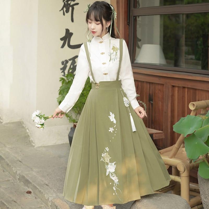 【楓竹---綠意シリーズ】★チャイナ風セットアップ★ 2点セット シャツ+つりスカート 中華服 デート 通勤 - ChinChic